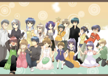 Rule 34 | 00s, 6+boys, 6+girls, antenna hair, bad anatomy, blue eyes, blue hair, blush, brown eyes, brown hair, clannad, dango, dango daikazoku, everyone, food, fujibayashi kyou, fujibayashi ryou, furukawa akio, furukawa nagisa, furukawa sanae, hiiragi kappei, ibuki fuuko, ibuki kouko, ichinose kotomi, kayune niu, kayuumi, kindergarten teacher, long hair, miyazawa yukine, multiple boys, multiple girls, niji (nijioki), okazaki naoyuki, okazaki tomoya, okazaki ushio, poorly drawn, purple eyes, purple hair, sakagami tomoyo, short hair, siblings, sisters, sunohara mei, sunohara youhei, twins, wagashi, yoshino yuusuke