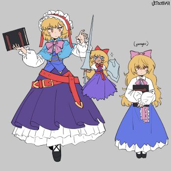 1girl alice_margatroid alice_margatroid_(pc-98) arms_up belt black_shoes blonde_hair blue_capelet blue_eyes blue_shirt blue_skirt book bow bowtie capelet closed_mouth commentary dot_mouth dot_nose dress dual_persona english_commentary english_text frilled_hairband frilled_skirt frilled_sleeves frills frown gold_buttons grey_background grimoire_of_alice hair_between_eyes hair_bow hairband highres holding holding_book holding_polearm holding_shield holding_weapon jitome kaibootsu lance layered_skirt long_hair long_skirt long_sleeves looking_down medium_hair multiple_belts neck_ribbon orange_eyes pink_belt pink_bow pink_bowtie pink_ribbon polearm puffy_long_sleeves puffy_sleeves puppet_strings purple_dress purple_skirt red_belt red_bow red_bowtie red_hairband ribbon shanghai_doll shield shirt shoes signature simple_background skirt socks swept_bangs touhou v-shaped_eyebrows weapon white_capelet white_shirt white_skirt white_socks white_trim