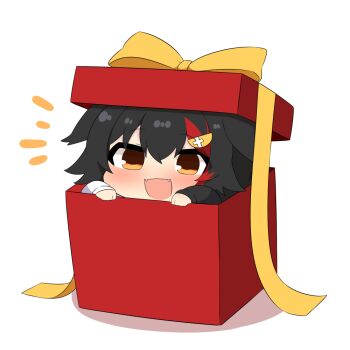 1girl animal_ears black_hair black_hoodie blush box brown_eyes chibi chibi_only commentary_request double-parted_bangs ears_down fangs flipped_hair gift gift_box hololive hood hoodie in_box in_container long_sleeves multi-source_commentary multicolored_hair notice_lines official_alternate_costume ookami_mio ookami_mio_(hoodie) red_streaks simple_background single_hair_streak solo spiked_hair streaked_hair two-tone_hoodie twumi virtual_youtuber white_background white_hoodie wolf_ears