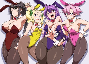 Rule 34 | 4girls, adjusting clothes, adjusting leotard, ahoge, animal ears, armpits, arms behind head, bare shoulders, blonde hair, blush, bow, bowtie, breasts, brown hair, brown pantyhose, bursting breasts, cleavage, clenched teeth, covered navel, detached collar, embarrassed, fake animal ears, fujiyama shinobu, green scrunchie, hair ornament, hair scrunchie, hand on own hip, highleg, highleg leotard, large breasts, leotard, long hair, looking at viewer, mahou shoujo 201, mucha (muchakai), multiple girls, nanohana nanon, official art, open mouth, pantyhose, pink hair, pink leotard, playboy bunny, ponytail, purple hair, purple leotard, rabbit ears, rabbit tail, red eyes, red leotard, scrunchie, short hair, sideboob, sidelocks, simple background, small breasts, smug, tearing up, teeth, thick thighs, thighs, tongue, umeda (mahou shoujo 201), uvula, white background, wide hips, wrist cuffs, yellow lips