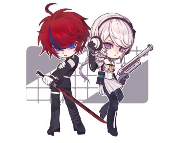 1boy 1girl :&lt; ahoge armband artist_request belt black_boots black_bow black_gloves black_hairband black_jacket black_pants blue_eyes blue_hair boots bow braid breasts chinese_commentary closed_mouth commentary_request deformed empty_eyes eyelashes from_behind full_body geta gloves gun hair_between_eyes hairband hand_on_own_arm high_collar highres holding holding_gun holding_sword holding_weapon jacket katana kirifuji_nozomi knee_boots last_defense_academy_school_uniform leg_up long_hair long_sleeves mole mole_under_eye multicolored_hair outline pants pleated_skirt purple_eyes red_hair school_uniform second-party_source short_hair short_sleeves side_braid side_slit single_braid skirt small_breasts streaked_hair sumino_takumi sword the_hundred_line_-last_defense_academy- thigh_strap tsurime two-tone_hair variant_set weapon white_armband white_belt white_gloves white_hair white_outline white_skirt