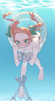 1girl absurdres air_bubble asphyxiation bdsm bondage bound bound_legs breasts bubble caustics completely_nude cuffs drowning floating floating_hair from_front full_body furrowed_brow green_eyes hair_ribbon handcuffed handcuffs hanging_breasts highres holding_breath leaning_forward looking_down nipples nude orange_hair petite ribbon small_breasts solo sunlight swim_ring twintails underwater water wohaimeiyou