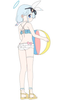 1girl absurdres alternate_costume ame_miya_ta arona_(blue_archive) ass ball beachball bikini blue_archive blue_bikini blue_eyes blue_halo blush braid butt_crack choker colored_inner_hair commentary_request criss-cross_halter frilled_bikini frills from_behind full_body hair_over_one_eye halo halterneck highres holding holding_ball holding_beachball looking_at_viewer medium_hair multicolored_hair pink_hair sandals sidelocks single_braid skindentation solo standing swimsuit thigh_strap turning_head white_bikini white_choker