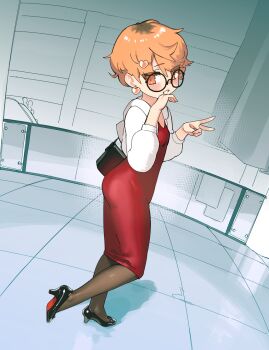 1girl bag blonde_hair breasts chikuwa_fan973 commentary_request dress earrings full_body glasses hair_ornament hairclip handbag heart heart_earrings heart_hair_ornament high_heels highres jewelry orange_eyes original pantyhose red_dress short_hair small_breasts solo v walking