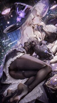 Rule 34 | 1girl, absurdres, ascot, ass, bare shoulders, black dress, black pantyhose, black sleeves, breasts, commentary request, detached sleeves, dress, feet, flower, grey hair, hat, hat flower, herta (honkai: star rail), highres, honkai: star rail, honkai (series), jewelry, key, key necklace, long hair, looking at viewer, lying, medium breasts, necklace, no shoes, on side, pantyhose, purple eyes, purple flower, purple nails, renoahh, solo, strapless, strapless dress, the herta (honkai: star rail), white ascot, witch hat