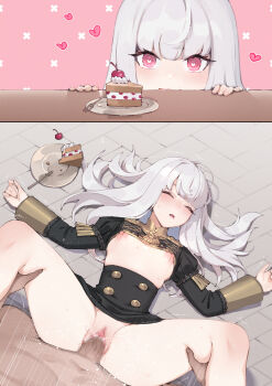 1boy 1girl black_dress breasts breasts_out cake censored closed_eyes doehorn dress fire_emblem fire_emblem:_three_houses food heart heart-shaped_pupils highres leg_grab lying lysithea_von_ordelia mosaic_censoring multiple_views nintendo nipples on_back penis petite pov pov_crotch pov_hands pussy rape sex spread_legs symbol-shaped_pupils tagme vaginal white_hair