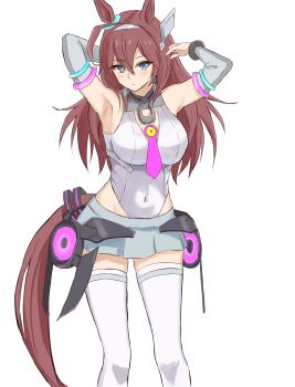 Rule 34 | 1girl, ahoge, animal ears, arm behind back, armpits, bare shoulders, blue eyes, blush, breasts, brown hair, closed mouth, commentary request, covered navel, detached sleeves, fukai asase, grey hairband, grey leotard, grey skirt, grey sleeves, hair between eyes, hairband, highleg, highleg leotard, highres, horse ears, horse girl, horse tail, large breasts, leotard, long hair, looking at viewer, lowleg, lowleg skirt, mihono bourbon (mb-19890425) (umamusume), mihono bourbon (umamusume), necktie, pink necktie, silver hairband, simple background, skirt, solo, tail, thighhighs, umamusume, white background, white leotard, white thighhighs