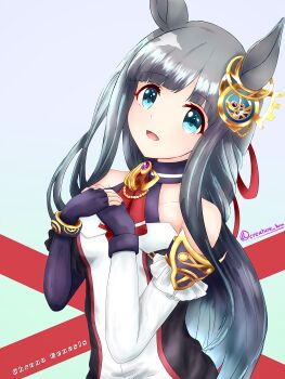 1girl absurdres animal_ears blue_eyes blush breasts character_name chrono_genesis_(prismatic_curator)_(umamusume) chrono_genesis_(umamusume) collarbone detached_sleeves fingerless_gloves gloves hair_between_eyes hair_ornament highres horse_ears horse_girl horse_tail long_hair looking_at_viewer nekojita_kavu small_breasts solo tail twitter_username umamusume white_background