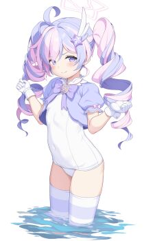 1girl adapted_costume ahoge blue_archive blush bow bowtie breasts closed_mouth commentary_request drill_hair gloves hair_ornament halo hands_up highres long_hair looking_at_viewer multicolored_hair old_school_swimsuit one-piece_swimsuit paid_reward_available pink_hair pink_halo puffy_short_sleeves puffy_sleeves purple_bow purple_bowtie purple_eyes purple_hair purple_thighhighs reisa_(blue_archive) reisa_(magical)_(blue_archive) school_swimsuit short_sleeves simple_background small_breasts smile solo star_(symbol) star_hair_ornament star_halo striped_clothes striped_thighhighs swimsuit thighhighs twin_drills twintails two-tone_hair wading white_background white_gloves white_one-piece_swimsuit wing_hair_ornament yamasan
