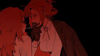 2girls black_background black_eyes black_gloves blazer brown_eyes brown_hair brown_jacket cigarette cigarette_kiss collared_shirt corset emma_rockford evangeline_morgan glasses gloves hashtag-only_commentary highres holding holding_cigarette jacket jacket_on_shoulders lapels limited_palette long_sleeves looking_at_another multiple_girls of_the_devil painstarrr red_hair red_theme round_eyewear shirt smoking upper_body white_shirt yuri