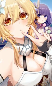 2girls bare_shoulders blonde_hair blunt_bangs blurry blurry_background blush breasts cleavage closed_mouth commentary couple dango depth_of_field dress flower food genshin_impact hair_between_eyes hair_flower hair_ornament hand_up head_tilt highres holding holding_food japanese_clothes kimono leaning_forward leaning_to_the_side long_hair looking_at_viewer lumine_(genshin_impact) mole mole_under_eye multiple_girls neck_ribbon nore_th open_mouth outdoors purple_eyes purple_hair purple_kimono raiden_shogun red_ribbon ribbon scarf short_hair shy sleeveless upper_body v wagashi white_dress white_flower white_scarf yuri