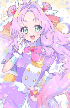 Rule 34 | 1girl, :d, ahoge, akechi anna, blue eyes, boronttt, bow, brooch, commentary, cure answer, dot nose, double bun, dress, fingerless gloves, gloves, hair bun, hair intakes, hair ornament, heart, heart brooch, heart in eye, highres, jewelry, long hair, looking at viewer, magical girl, meitantei precure!, open mouth, pouch, precure, purple bow, purple dress, purple gloves, purple hair, purple theme, shiny skin, smile, solo, symbol in eye, upper body, very long hair, white gloves