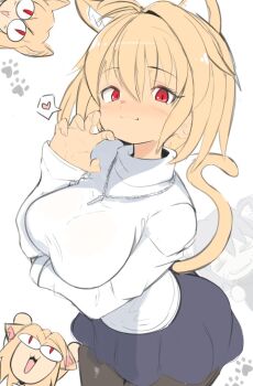 1boy 3girls ahoge animal_ear_fluff animal_ears arcueid_brunestud ass blonde_hair blue_skirt blush breasts breasts_squeezed_together cat_ears cat_girl cat_tail chibi chibi_inset dual_persona hair_intakes heart highres jellcaps jewelry looking_at_viewer medium_breasts miniskirt multiple_girls necklace neco-arc neco-arc_chaos neco_spirit pantyhose paw_pose red_eyes short_hair skirt smile spoken_heart sweater tail thighs tsukihime tsukihime_(remake) turtleneck turtleneck_sweater white_sweater