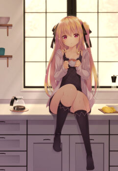 10s 1girl :o bad_id bad_pixiv_id black_shirt black_socks blonde_hair blush coffee_pot counter cup drawstring female_focus food foot_dangle full_body hair_intakes hair_ribbon highres holding holding_cup hood hoodie indoors kitchen kneehighs knees_together_feet_apart konjiki_no_yami legs long_hair long_sleeves looking_at_viewer open_clothes open_hoodie open_mouth panties panty_peek red_eyes ribbon shirt shokuyou_mogura sitting sleeveless sleeveless_shirt socks solo taiyaki teacup to_love-ru to_love-ru_darkness two_side_up underwear very_long_hair wagashi window