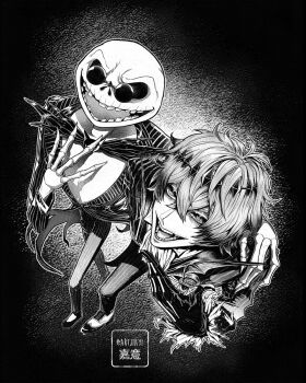 Rule 34 | 2boys, artjiayi, black crown, crown, diamond hairband, formal clothes, gloves, highres, jack skellington, jacket, long sleeves, looking at viewer, male focus, missing tooth, multiple boys, pinstripe jacket, pinstripe pattern, pinstripe suit, pinstripe vest, round eyewear, short hair, skeleton print, skully j. graves, smile, striped clothes, striped jacket, striped vest, suit, sunglasses, the nightmare before christmas, twisted wonderland, vertical-striped clothes, vertical-striped vest, vest, white hair