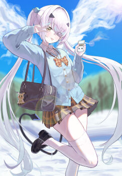 1girl absurdres bag black_shoes blue_sweater blush bow bowtie breasts brown_skirt collared_shirt fate/grand_order fate_(series) forked_eyebrows hanaet highres long_hair long_sleeves looking_at_viewer melusine_(fate) shirt shoes shoulder_bag sidelocks skirt sky small_breasts smile solo sweater thighhighs thighs tongue tongue_out twintails very_long_hair white_hair white_shirt white_thighhighs yellow_eyes