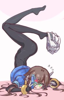 1girl absurdres alternate_hairstyle ass biometal black_bodysuit blue_jacket bodysuit brown_hair commentary_request cropped_jacket full_body gd._fengzi glowing glowing_eyes green_eyes highres holding jacket long_hair mega_man_(series) mega_man_zx mega_man_zx_advent model_x_(mega_man) robot_ears shorts shorts_around_one_leg simple_background solo top-down_bottom-up white_background white_shorts