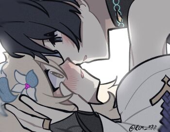 1boy 1girl black_bridal_gauntlets black_eyes black_hair blonde_hair blue_flower blunt_ends blush boy_on_top bridal_gauntlets couple eye_contact face-to-face flower genshin_impact gold gold_ring grey_pupils hair_flower hair_ornament half-closed_eyes hand_in_another&#039;s_hair hetero highres imminent_kiss looking_at_another lumine_(genshin_impact) mandarin_collar middle_ring multicolored_flower off_shoulder open_hand open_mouth purple_rope remhotaru rope scaramouche_(genshin_impact) short_hair short_hair_with_long_locks sidelocks tareme tsurime twitter_username wanderer_(genshin_impact) white_background white_flower white_sleeves wide-eyed yellow_eyes