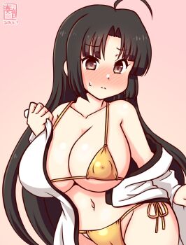 1girl ahoge alternate_costume artist_logo bare_shoulders bikini black_hair blunt_bangs blush breasts brown_eyes cleavage collarbone commentary_request covered_erect_nipples dated embarrassed gold_bikini gradient_background japanese_clothes kanon_(kurogane_knights) kantai_collection large_breasts logo long_hair looking_at_viewer looking_down low-tied_long_hair navel nose_blush one-hour_drawing_challenge open_clothes pink_background robe shiny_swimsuit shouhou_(kancolle) side-tie_bikini_bottom solo stomach swimsuit undressing white_robe