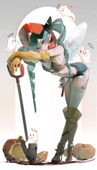 1girl aqua_hair belt bent_over black_belt blue_eyes boots breasts cutoffs drill_hair ghost gloves heterochromia high_heel_boots high_heels highres kyuri_tizu long_hair looking_at_viewer original pointy_ears pumpkin red_eyes shorts shovel single_thighhigh small_breasts solo thighhighs twin_drills yellow_gloves