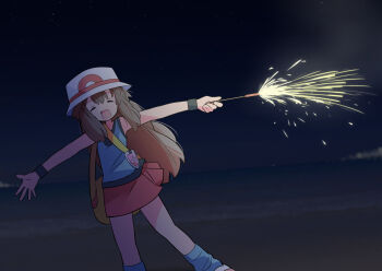 Rule 34 | 1girl, :d, ^ ^, bag, beach, blue socks, breasts, brown hair, bucket hat, closed eyes, commentary request, feet out of frame, fireworks, hair between eyes, hat, highres, holding, holding fireworks, leaf (pokemon), long hair, miniskirt, night, night sky, nintendo, ocean, open hand, open mouth, outstretched arms, pleated skirt, pokemon, pokemon frlg, rascal (feuille), red skirt, shirt, shoes, shoulder bag, skirt, sky, sleeveless, sleeveless shirt, smile, socks, solo, spread arms, spread fingers, standing, white hat, wristband, yellow bag