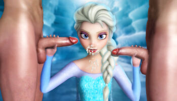 clothed_female_nude_male cum cum_on_body disney double_handjob elsa_(frozen) facial frozen_(disney) handjob nude penis ratounador xnalara_(medium)