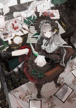 1girl amazu_(uzu_amazu) black_boots black_bow black_dress black_gloves book boots bow cake cake_slice calendar_(object) chair cup dress figure food fork gloves highres holding holding_book horse indoors kettle lolita_fashion long_hair looking_at_viewer mirror open_mouth original paper pen quill red_eyes scissors sitting solo table teacup tray vase white_hair window