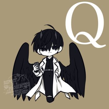 1boy black_hair black_shirt black_wings coat commentary demon_horns english_commentary feathered_wings full_body hair_between_eyes hand_in_pocket highres holding holding_phone horns kim_dokja kimidori_22 looking_at_viewer male_focus omniscient_reader&#039;s_viewpoint open_clothes open_coat phone shirt short_hair solo standing white_coat wings