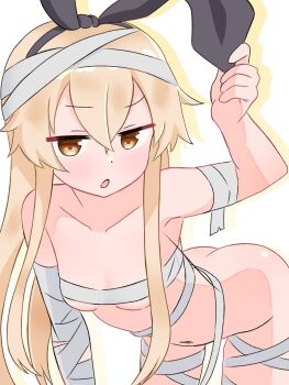 1girl ass bandaged_arm bandages black_ribbon blonde_hair blush breasts brown_eyes collarbone hair_ribbon hairband halloween halloween_costume highres kantai_collection leaning_forward loli long_hair looking_at_viewer matu_(matu19) mummy mummy_costume naked_bandage navel nude open_mouth ribbon shimakaze_(kancolle) small_breasts standing white_background