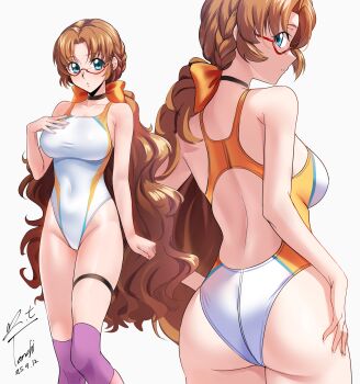 1girl ass back black_choker blue_eyes blush bow breasts brown_hair choker commentary_request commission competition_swimsuit cowboy_shot fingernails groin hair_bow hand_on_own_chest highleg highleg_one-piece_swimsuit highres large_breasts long_hair looking_at_viewer looking_back multiple_views nape_braid one-piece_swimsuit orange_bow parted_lips pixiv_commission red-tinted_eyewear semi-rimless_eyewear simple_background super_robot_wars super_robot_wars_original_generation swimsuit teeth thigh_strap tinted_eyewear tsugumi_takakura two-tone_one-piece_swimsuit very_long_hair white_background white_one-piece_swimsuit yoo_tenchi