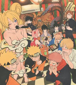 4girls 6+boys bare_shoulders black_eyes black_hair blue_eyes blunt_ends blush brown_hair chainsaw_man checkered_floor closed_eyes collarbone cup denji_(chainsaw_man) drinking_straw fushiguro_megumi genderswap genderswap_(mtf) gloves green_eyes hair_between_eyes haruno_sakura hayakawa_aki highres holding holding_cup holding_menu horns itadori_yuuji jujutsu_kaisen kneeling kugisaki_nobara long_hair long_sleeves looking_at_another menu microphone multiple_boys multiple_girls naruko_(naruto) naruto_(series) naruto_shippuuden one_eye_closed open_mouth parted_lips phone pink_hair pochita_(chainsaw_man) ponytail power_(chainsaw_man) red_eyes sexy_no_jutsu sharp_teeth short_hair sleeveless smile standing sweat tablet_pc teeth tongue twintails uchiha_sasuke uraura_ura-chan uzumaki_naruto