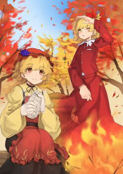2girls aki_minoriko aki_shizuha apron black_skirt blonde_hair forest grape_hat_ornament hat highres multiple_girls nature neold red_apron red_eyes red_hat red_shirt red_skirt shirt short_hair skirt smile touhou