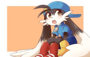 aka_muffler_yamato ambiguous_species black_fur blue_hat blue_shirt blush fang fluffy furry furry_male gloves hat kaze_no_klonoa klonoa open_mouth outside_border pac-man red_footwear shirt simple_background yellow_eyes yellow_gloves