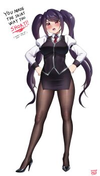 1girl absurdres black_pantyhose black_shoes blush breasts commentary_request finalcake fine_fabric_emphasis full_body hands_on_own_hips high_heels highres jill_stingray large_breasts necktie pantyhose pencil_skirt puffy_sleeves purple_hair purple_skirt red_eyes red_necktie shirt shoes simple_background skirt solo translation_request twintails va-11_hall-a vest white_background white_shirt