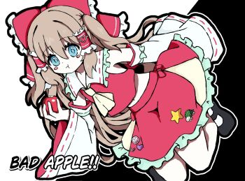 Rule 34 | 1girl, :t, apple, ascot, bad apple!!, black background, black outline, blue eyes, bow, brown hair, cosplay, detached sleeves, floating, food, food bite, frilled bow, frilled hair tubes, frilled shirt collar, frilled skirt, frills, fruit, full body, hair between eyes, hair bow, hair tubes, hakurei reimu, hakurei reimu (cosplay), hashtag-only commentary, highres, holding, holding food, holding fruit, long hair, long sleeves, mary janes, mgmg mgmg, midriff, navel, neuro-sama, outline, red bow, red shirt, red skirt, ribbon-trimmed shirt, ribbon-trimmed sleeves, ribbon trim, shirt, shoes, skirt, sleeveless, sleeveless shirt, socks, solo, touhou, two side up, vedal ai, virtual youtuber, white background, white outline, white socks, wide sleeves, yellow ascot