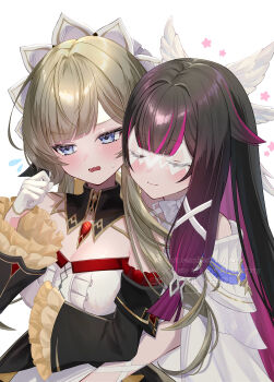 2girls absurdres black_hair blue_eyes blush breasts brown_hair choker cleavage closed_eyes closed_mouth columbina_(genshin_impact) detached_collar detached_sleeves dress feathered_wings genshin_impact gloves hair_ornament hair_ribbon head_wings highres medium_breasts multicolored_hair multiple_girls multiple_wings open_mouth pink_hair ribbon rinmel9 sandrone_(genshin_impact) sidelocks smile strapless strapless_dress sweat sweatdrop white_background white_choker white_dress white_gloves white_ribbon wings