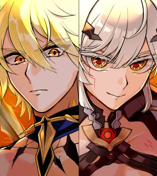 1boy 1girl armor blonde_hair body_markings choker collar colored_eyelashes commentary_request cracked_skin diamond-shaped_pupils diamond_(shape) erdos_helia erdos_helia_(planar_armament:_warped_spacetime) grey_hair hair_ornament highres honkai:_star_rail honkai_(series) honkai_impact_3rd kino_mota mole mole_under_eye phainon_(honkai:_star_rail) phainon_(khaslana)_(honkai:_star_rail) red_pupils smile symbol-shaped_pupils
