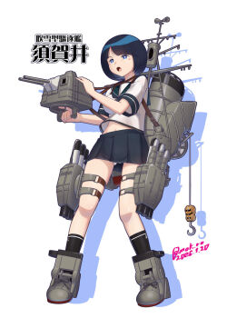 1girl adapted_turret black_hair black_sailor_collar black_skirt black_socks blue_eyes commentary_request cosplay fubuki_(kancolle) fubuki_(kancolle)_(cosplay) full_body gundam gundam_gquuuuuux hook kantai_collection moke_ro pleated_skirt rigging sailor_collar school_uniform serafuku shiiko_sugai short_hair simple_background skirt smokestack socks solo torpedo_launcher ventilation_shaft white_background