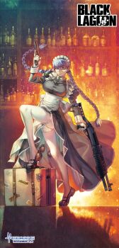 1girl abstract_background apron asymmetrical_dual_wielding back_ribbon bar_(place) belt belt_buckle black_dress black_hair black_lagoon black_shoes blue_eyes blunt_bangs braid breasts brown_belt buckle buttons closed_mouth copyright_name cross cross_necklace dress dual-mode_shotgun dual_wielding embers explosive expressionless floating_hair fn_minimi fragmentation_grenade frilled_apron frilled_dress frills frown full_body garter_straps glass_bottle gloves grenade gun hair_tie hand_grenade hand_up handgun high_collar highres hiroe_rei holding holding_gun holding_weapon jewelry knee_up large_breasts long_dress long_hair long_sleeves looking_at_viewer low_twin_braids m1911 m67 maid maid_apron maid_headdress mary_janes mature_female necklace official_art pistol pump-action_shotgun pump_action ribbon roberta_(black_lagoon) round_eyewear semi-automatic_shotgun shadow shelf shoes shotgun skindentation solo spas-12 suitcase thighhighs trigger_discipline twin_braids twintails waist_apron weapon white_apron white_garter_straps white_gloves white_ribbon white_thighhighs white_wrist_cuffs wrist_cuffs