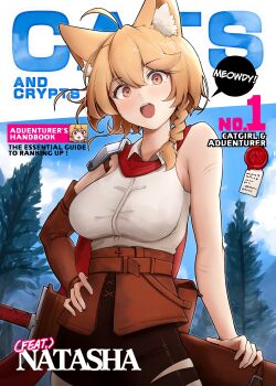 :o absurdres alterkyon animal_ear_fluff animal_ears armor asymmetrical_shorts bag belt belt_bag blonde_hair braid brown_belt brown_corset cat_ears cat_girl cats_&amp;_crypts commentary corset cover elbow_gloves english_commentary english_text fake_magazine_cover gloves hand_on_sheath highres magazine_cover natasha_(cats_&amp;_crypts) open_mouth red_scarf scar scar_on_arm scarf second-party_source shirt short_hair shoulder_armor single_bare_shoulder single_braid single_elbow_glove single_glove speech_bubble sword wax_seal weapon white_shirt