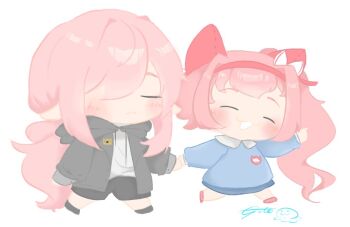 1boy 1girl :3 =_= ^_^ aintnyro alternate_costume artist_name black_boots black_jacket black_shorts blue_shirt blue_skirt blush boots chibi closed_eyes closed_mouth collared_shirt crown full_body haru_urara_(umamusume) holding_hands hood hood_down hooded_jacket jacket kindergarten_uniform long_hair long_sleeves minecraft_youtube miniskirt name_tag open_clothes open_jacket open_mouth pink_hair pointing pointing_forward pointy_ears ponytail red_boots shirt shorts side_ponytail sidelocks signature simple_background skirt skirt_set smile technoblade umamusume very_long_hair walking white_background white_shirt