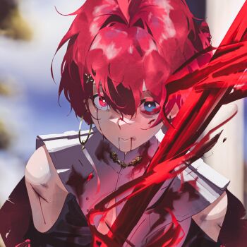 1girl blood blood_from_mouth bloody_tears blue_eyes blurry blurry_background bright_pupils collar commentary cuts danjin_(wuthering_waves) earrings english_commentary heterochromia highres holding holding_sword holding_weapon hoop_earrings injury jewelry looking_at_viewer mrsplitty red_eyes red_hair short_hair solo sword weapon white_collar white_pupils wuthering_waves