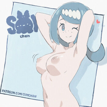 1girl armpits arms_behind_head artist_name blue_eyes blue_hair breasts bright_pupils closed_mouth commentary eyelashes freckles heart lana's_mother_(pokemon) large_breasts long_hair looking_at_viewer mature_female navel nintendo nipples no_sclera nude one_eye_closed pokemon pokemon_(anime) pokemon_the_series:_sun_&amp;_moon smile solo soy-chan split_mouth watermark web_address white_pupils wink