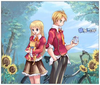 1boy 1girl 4leaf :d alternate_costume animal archived_source artist_name belt_buckle bicycle bicycle_seat black_pants blonde_hair blue_eyes blue_ribbon blue_sky border braid breasts buckle bush buttons cat closed_eyes closed_mouth cloud commentary commentary_request company_name cowboy_shot dark_skin dated_commentary day dress_pants drink_carton english_commentary english_text flower frilled_jacket frilled_skirt frills gold_buttons grass hand_in_pocket height_difference hill holding holding_animal holding_cat holding_milk_carton jacket juliet_sleeves korean_commentary light_frown logo long_hair long_sleeves low-braided_long_hair low-tied_long_hair lucian_kaltz medium_breasts milk_carton miniskirt neck_ribbon necktie nexon official_art open_mouth orange_cat orange_fur orange_necktie orange_ribbon outdoors pants pleated_skirt puffy_sleeves red_jacket red_sleeves ribbon school_uniform signature skirt sky smile softmax straight_hair sunflower tales_weaver three-quarter_sleeves tichiel_juspian tiv tree twin_braids watermark web_address white_border wing_collar yellow_flower