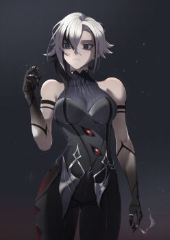 arlecchino_(genshin_impact) black_eyes black_hands cigarette colored_extremities genshin_impact gradient_skin highres holding holding_cigarette jewelry kmconceptart multicolored_hair multiple_rings red_nails red_pupils ring symbol-shaped_pupils two-tone_hair white_hair x-shaped_pupils