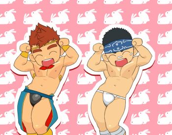 2boys :d ainu animated animated_gif bandaged_leg bandages bandaid bandaid_on_face bandaid_on_nose bara black_hair black_male_swimwear black_swim_briefs bouncing_bulge bouncing_pecs bulge caramelldansen chinese_zodiac facial_hair feet_out_of_frame fundoshi gyee headband itto_(mentaiko) japanese_clothes kamui_(gyee) kong_(gyee) large_pectorals long_sideburns male_focus male_swimwear multiple_boys muscular muscular_male navel nipples open_mouth orange_hair parody pectorals rabbit_background red_hair short_hair sideburns smile spiked_hair stomach stubble swim_briefs swimsuit thick_eyebrows thighs topless_male white_male_swimwear white_swim_briefs year_of_the_rabbit