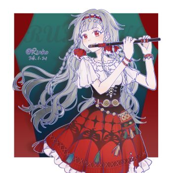 1girl :3 artist_name black_corset border bracelet character_name chinese_commentary commentary_request corset cowboy_shot dated fang fang_out floating_hair flute green_background grey_hair hairband hands_up highres holding holding_flute holding_instrument instrument jewelry long_hair looking_at_viewer low_twintails outside_border quad_braids red_eyes red_hairband red_skirt reverse:1999 rubuska shirt short_sleeves skirt solo songbie twintails white_border white_shirt