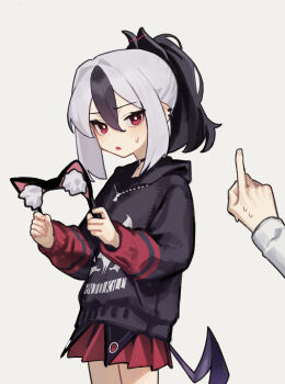 1girl 1other absurdres animal_ear_hairband animal_ears black_choker black_hair black_hoodie black_horns blue_archive bright_pupils cat_ear_hairband cat_ears choker collarbone commentary cowboy_shot demon_girl demon_horns earclip fake_animal_ears from_side grey_halo hairband halo highres holding_hairband hood hoodie horns index_finger_raised kayoko_(blue_archive) looking_at_viewer looking_to_the_side low_wings mole mole_on_collarbone multicolored_hair pleated_skirt ponytail pov pov_hands purple_wings red_eyes red_skirt single_wing skirt small_sweatdrop solo_focus two-tone_hair untranslatable_commentary unworn_hairband white_hair white_pupils wings yoon_cook