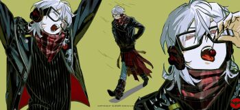 1boy ahoge alternate_costume alternate_hairstyle arms_up belt bespectacled black-framed_eyewear black_belt black_boots black_jacket black_sweater boots closed_eyes closed_mouth clothes_around_waist copyright_notice dated denim empty_eyes fangs fashion floating_clothes floating_hair glasses green_background hair_between_eyes hands_in_pockets highres jacket jacket_around_waist jeans kuzuha_(nijisanji) looking_ahead looking_at_viewer male_focus medium_hair multiple_views nijisanji open_clothes open_jacket pants plaid_clothes plaid_jacket plaid_scarf punk raised_eyebrow red_eyes red_jacket red_scarf scarf sishuiloe_1994 slit_pupils spiked_jacket squinting sweater twitter_username virtual_youtuber walking wavy_mouth white_hair wind wolf_cut yawning