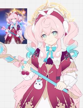 1girl beret bow derivative_work dress drill_hair floral_print game_screenshot_inset gradient_hair grid_background hair_between_eyes halo hashtag-only_commentary hat highres honkai:_star_rail honkai_(series) hyacine_(honkai:_star_rail) ki_ii37 layered_dress light_smile long_sleeves looking_at_viewer multicolored_hair pink_hair screenshot_redraw staff twin_drills